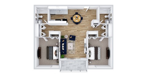 Floor plan for 2 beds, 2 baths, 857 sqft